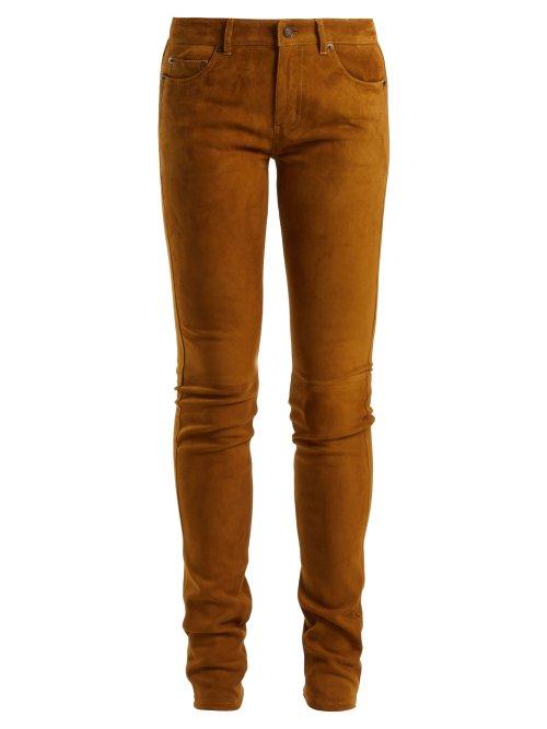 Matchesfashion.com Saint Laurent - Mid Rise Skinny Suede Trousers - Womens - Light Brown