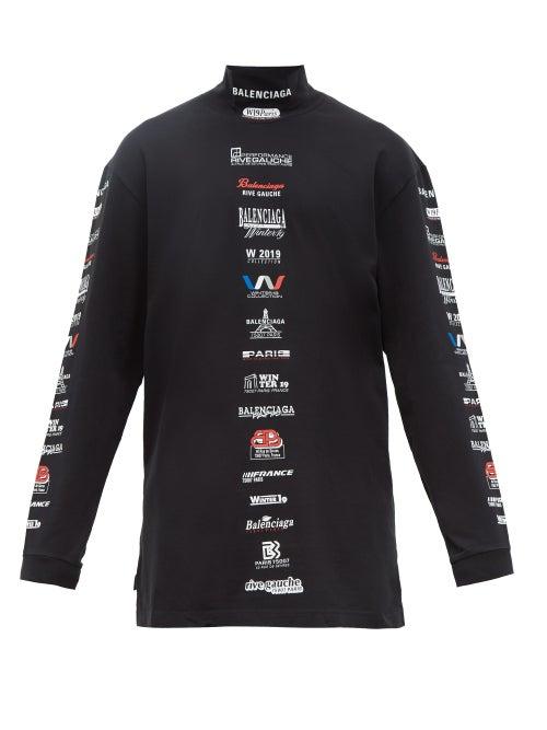 Matchesfashion.com Balenciaga - Multi Logo High Neck Cotton T Shirt - Mens - Black