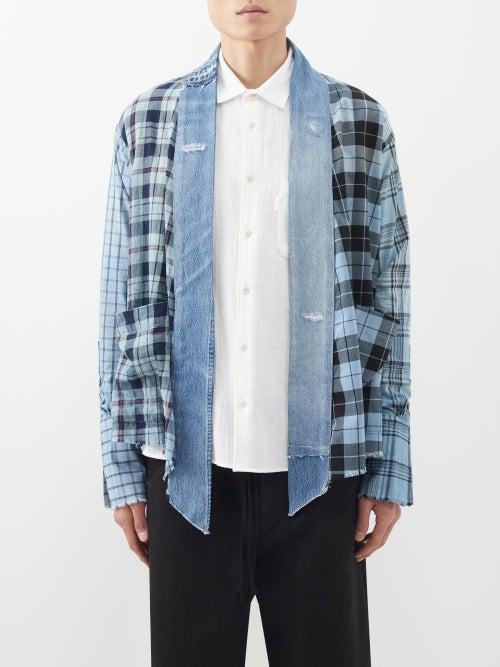 Greg Lauren - Deconstructed Checked-cotton And Denim Shirt - Mens - Blue