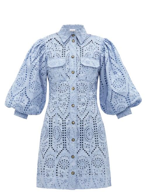 Matchesfashion.com Ganni - Balloon Sleeve Broderie Anglaise Mini Shirt Dress - Womens - Light Blue
