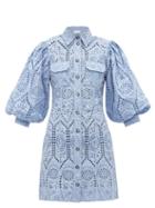 Matchesfashion.com Ganni - Balloon Sleeve Broderie Anglaise Mini Shirt Dress - Womens - Light Blue