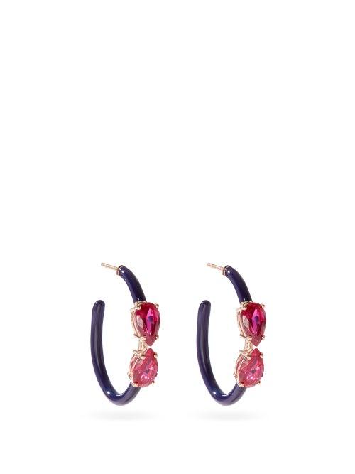 Matchesfashion.com Bea Bongiasca - Vine Corundum, 9kt Gold And Enamel Hoop Earrings - Womens - Navy Multi