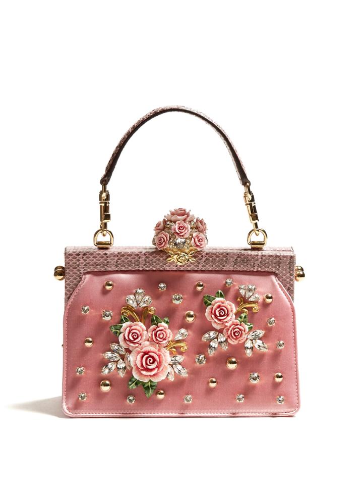 Dolce & Gabbana Vanda Rose-embellished Satin And Snakeskin Bag