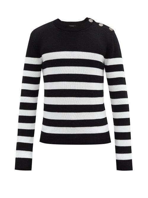 Matchesfashion.com Balmain - Crest Press-stud Striped Wool-blend Sweater - Mens - Black White