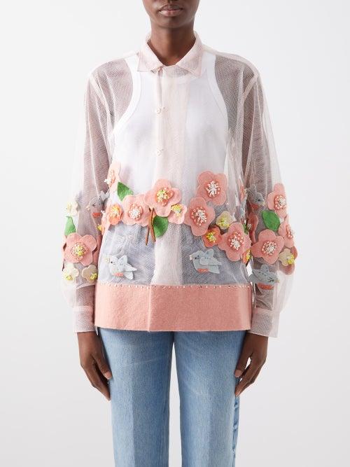 Bode - Bluebird And Floral Appliqus Tulle Shirt - Womens - Pink Multi
