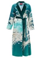F.r.s - For Restless Sleepers - Pomona Velvet-trim Bird-print Satin Wrap Coat - Womens - Blue/green