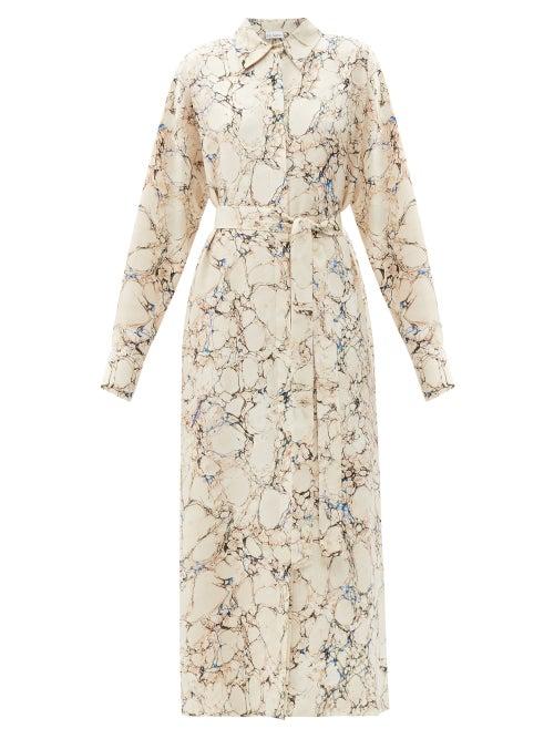 Matchesfashion.com Raey - Belted Marble-print Silk Shirtdress - Womens - Grey Print
