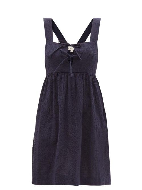 Ladies Beachwear Wiggy Kit - Privet Tie-front Cotton-seersucker Mini Dress - Womens - Navy