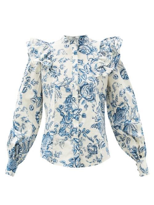 Matchesfashion.com Erdem - Caterina Toile De Jouy-print Ruffled Blouse - Womens - Blue Multi