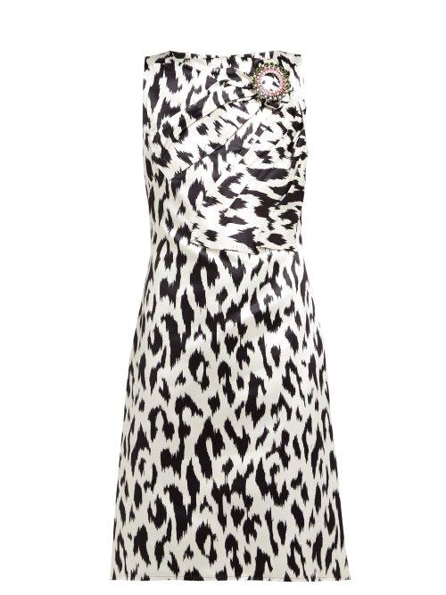 Matchesfashion.com Calvin Klein 205w39nyc - Leopard Print Crystal Brooch Silk Dress - Womens - Black White