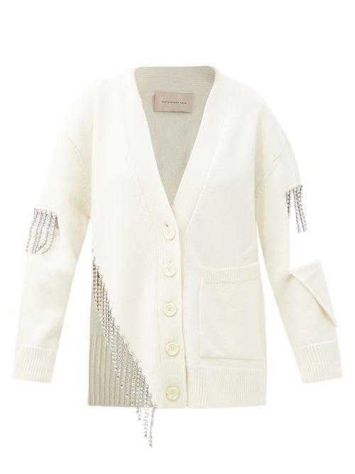 Matchesfashion.com Christopher Kane - Crystal-fringing Cutout Wool Cardigan - Womens - White