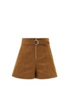 Chlo - High-rise Belted Cotton-drill Shorts - Womens - Brown