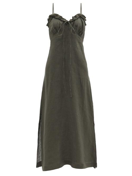 Casa Raki - Selina Ruffled Organic-linen Voile Dress - Womens - Khaki