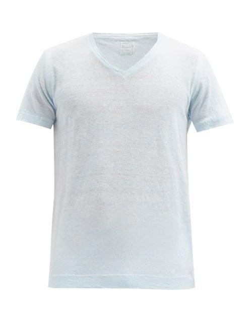 Matchesfashion.com 120% Lino - V-neck Linen-slub Jersey T-shirt - Mens - Light Blue