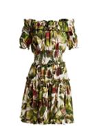 Matchesfashion.com Dolce & Gabbana - Fig Print Off The Shoulder Cotton Dress - Womens - White Multi