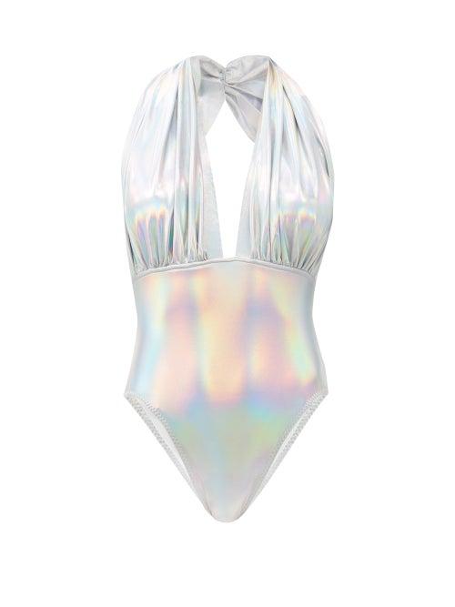 Matchesfashion.com Norma Kamali - Mio Halterneck Metallic-jersey Swimsuit - Womens - Silver