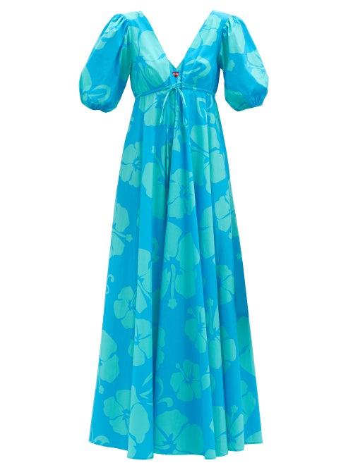 Matchesfashion.com Staud - Amarettis V-neck Floral-print Cotton-blend Dress - Womens - Blue Print