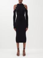 Balmain - Cutout-shoulder Ribbed-knit Midi Dress - Womens - Black
