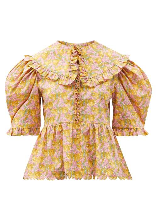 Matchesfashion.com Horror Vacui - Antonia Scalloped Floral-print Cotton Top - Womens - Yellow Multi
