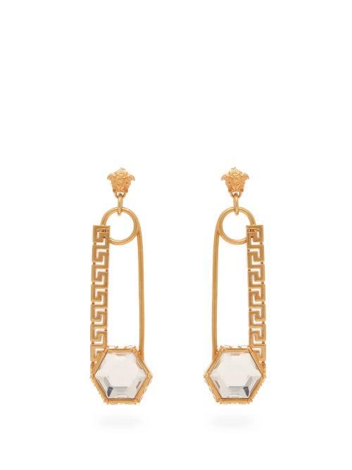 Matchesfashion.com Versace - Crystal Embellished Safety Pin Drop Earrings - Womens - Gold