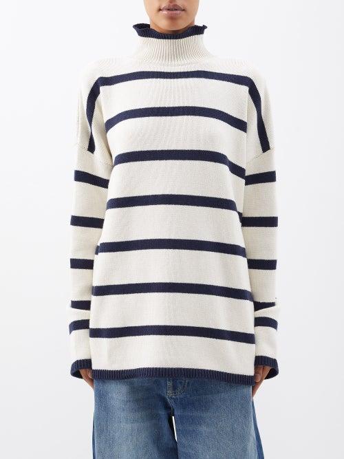 Raey - Chunky Organic Blend Striped Roll-neck Jumper - Womens - Ivory Multi