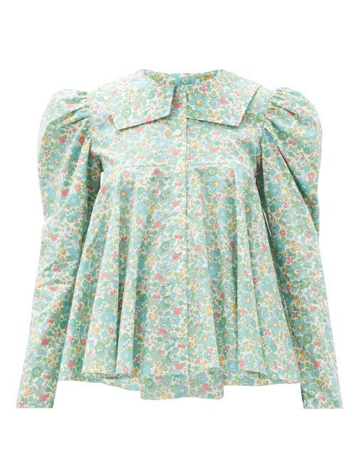 Matchesfashion.com Matty Bovan - Dolly Floral-print Deadstock-poplin Blouse - Womens - Light Blue
