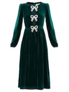 Matchesfashion.com Saloni - Camille Crystal-bow Velvet Midi Dress - Womens - Green