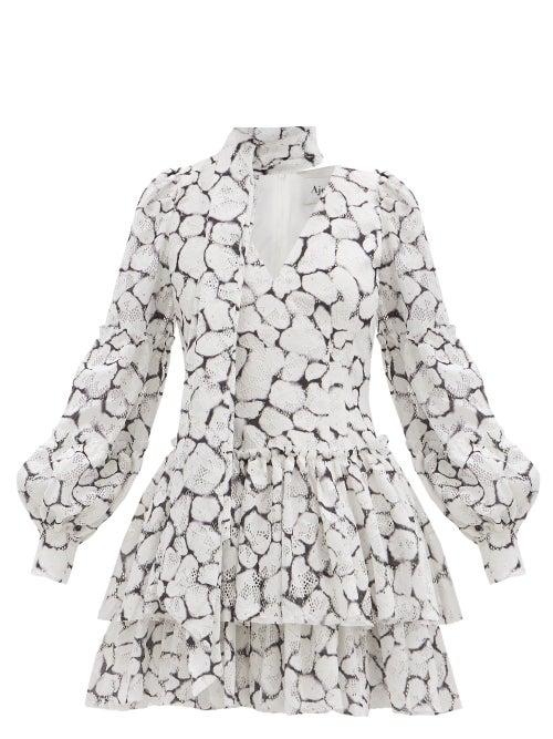 Matchesfashion.com Aje - Rebellion Tie-neck Printed-lace Mini Dress - Womens - White Black