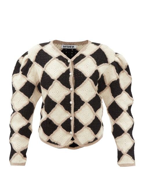 Batsheva - Ina Diamond-jacquard Wool-crochet Cardigan - Womens - Black White