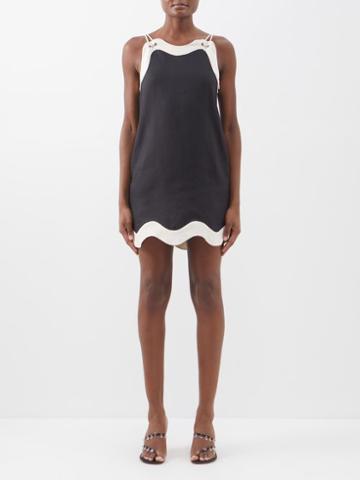 Staud - Renata Wave-edge Linen Mini Dress - Womens - Black Beige