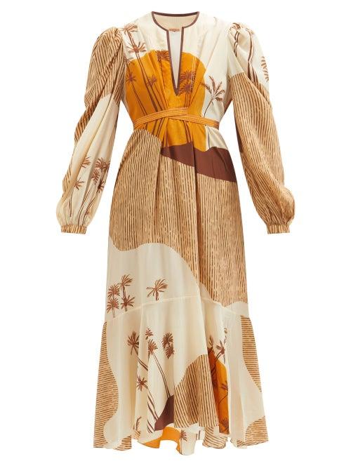 Johanna Ortiz - Sendero Viejo Desert-print Silk-crepe Midi Dress - Womens - Yellow Cream