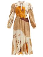 Johanna Ortiz - Sendero Viejo Desert-print Silk-crepe Midi Dress - Womens - Yellow Cream