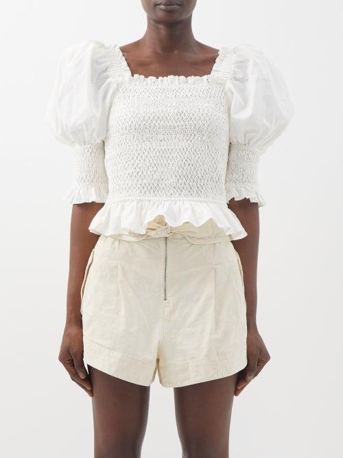 Sea - Simona Puff-sleeve Smocked-cotton Top - Womens - White
