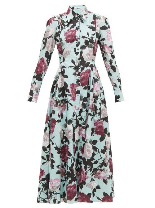 Matchesfashion.com Erdem - Josianne Floral Print Cotton Poplin Shirtdress - Womens - Blue Multi