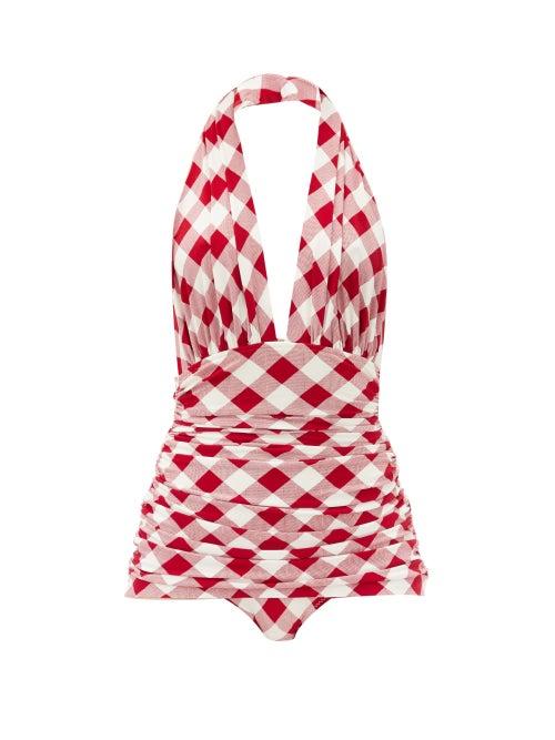 Matchesfashion.com Norma Kamali - Bill Ruched Halter-neck Gingham Swimsuit - Womens - Red White