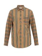 Matchesfashion.com Burberry - Patchwork Check And Icon Stripe Cotton Blend Shirt - Mens - Camel