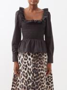 Ganni - Ruffle-trimmed Smocked Poplin Blouse - Womens - Black