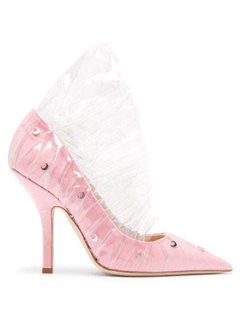Matchesfashion.com Midnight 00 - Shell Crescent Cotton & Pvc Ruffle Pumps - Womens - Pink