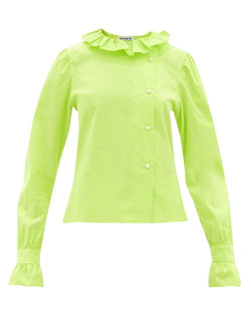 Batsheva - Petal Ruffle-neck Cotton-poplin Top - Womens - Green
