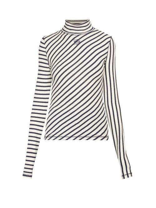 Matchesfashion.com Loewe - Diagonal Striped High Neck Jersey Sweater - Womens - Navy White