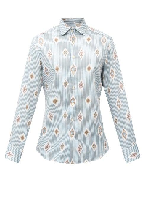 Matchesfashion.com Etro - Ikat-print Striped Cotton-poplin Shirt - Mens - Light Blue