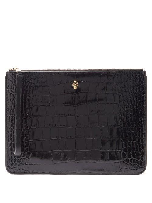 Matchesfashion.com Alexander Mcqueen - Skull Crocodile-effect Leather Zipped Pouch - Womens - Black