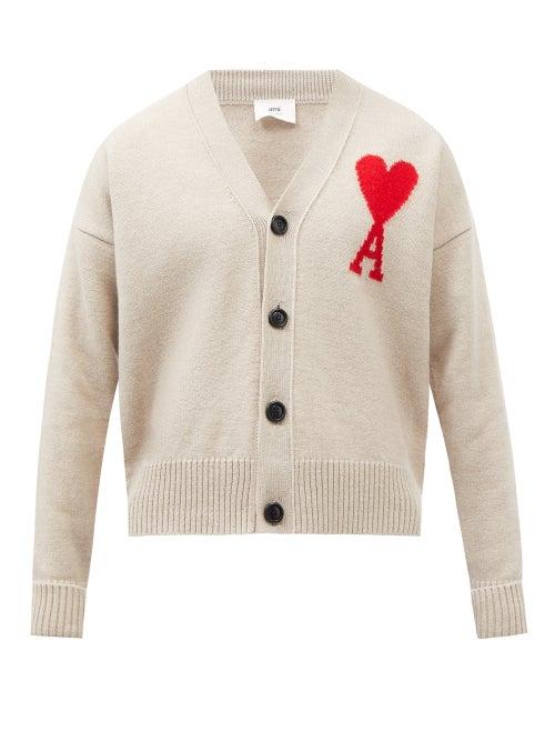 Ami - Ami De Caur-logo Wool-felt Cardigan - Mens - Cream