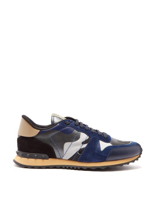 Matchesfashion.com Valentino - Rockrunner Camouflage Suede Trainers - Mens - Navy Multi