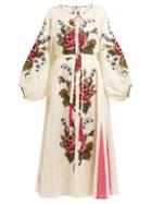Matchesfashion.com Vita Kin - Dorian Floral Embroidered Linen Midi Dress - Womens - Cream Multi