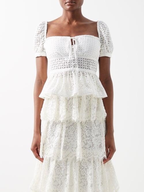 Self-portrait - Broderie-anglaise Peplum Top - Womens - White