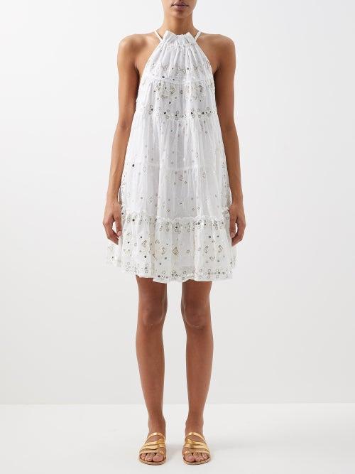 Juliet Dunn - Halterneck Embroidered-cotton Mini Dress - Womens - White Gold