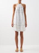 Juliet Dunn - Halterneck Embroidered-cotton Mini Dress - Womens - White Gold