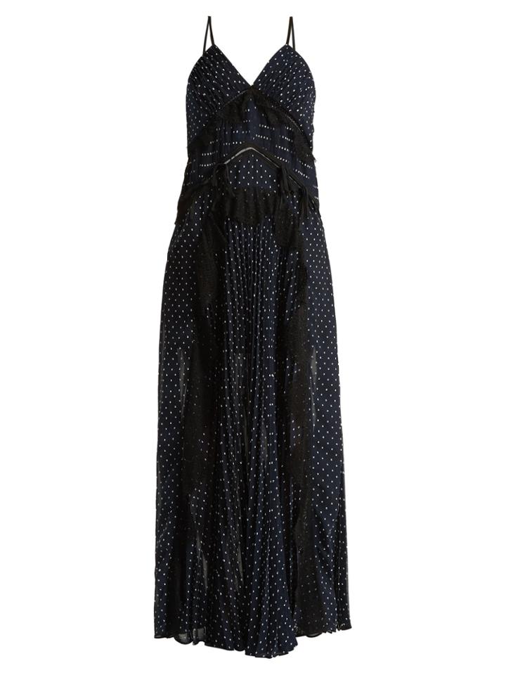 Self-portrait Dobby-dot Lace-trimmed Pleated Dress