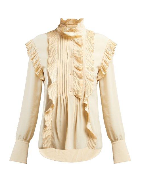 Matchesfashion.com Chlo - Ruffled Crepe De Chine Blouse - Womens - Beige
